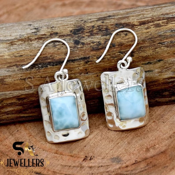 Handmade Hammered Sterling Silver Larimar Earrings: Statement Jewelry