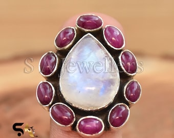 Handgemachte Sterling Silber Rubin und Mondstein Ring: Boho Hochzeitsschmuck