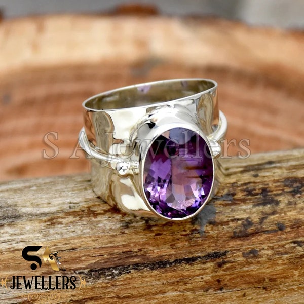Natural Amethyst Ring, 925 Sterling Silver Ring, Handmade Ring, Wide Band Ring, Faceted Amethyst Ring, Hammered Ring, Gift For Her