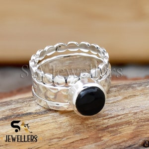 Handmade Black Onyx Sterling Silver Ring: Hammered Stacking Ring