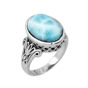 Dominican Larimar Ring, 925 Sterling Silver Ring, Handmade Ring, Bohemian Ring , Women&#39;s Ring, Dainty Blue Larimar Ring Boho Jewelry