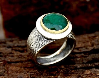 Indian Emerald Ring, 925 Sterling silver, Handmade Ring, Round Gemstone Ring, Two Tone Ring, Bohemian Ring, Textured Ring, Gift For Her