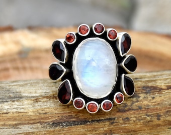 Handgemachter Mondstein Granat Ring: Sterling Silber Multi-Stein Schmuck
