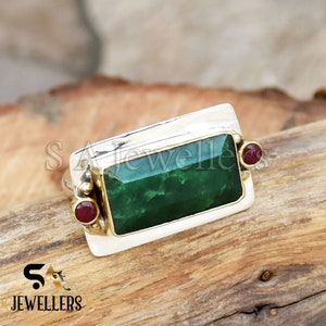 Handmade Emerald & Ruby Ring: Two-Tone 925 Sterling Silver Statement Ring