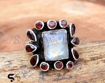 Handgemachte Sterling Silber Mondstein Granat Statement Ring