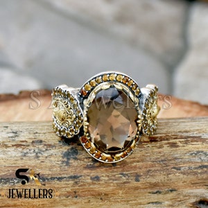 Natural Smokey Quartz Turkish Ring With Natural Citrine Gemstone, 925 Sterling Silver Ring, Handmade Ring, Hurrem Design Ring, Ottoman Ring,
