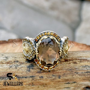Smokey Quartz & Citrine Ring: Handmade 925 Sterling Silver Ottoman Design