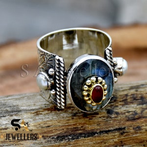Natural Labradorite Ring, 925 Sterling Silver Ring, Labradorite & Pearl Ring Two Tone Ring, Inlaid Ring, Textured Ring, Gift For Her