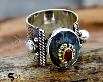 Labradorite Pearl Sterling Silver Ring: Two-Tone Inlaid Textured Band