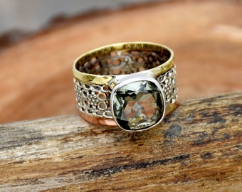 Handmade Green Amethyst Ring: Cushion Gemstone, Sterling Silver Band
