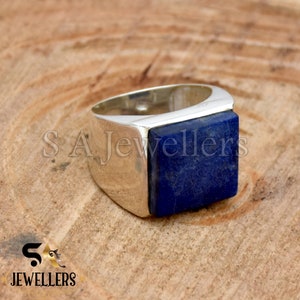 Lapis Lazuli Herrenring, 925 Sterling Silber Ring, Handgemachter Ring, Statement Ring Kissen Edelstein Ring, Flach Quadratisch Form Lapis Lazuli Ring