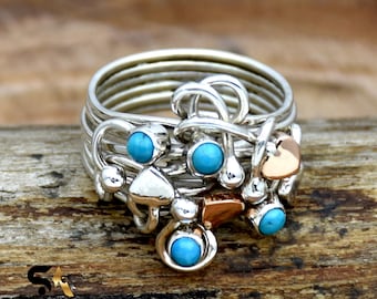 Turquoise Sterling Silver Ring: Two-Tone Wire Wrap Bohemian Jewelry