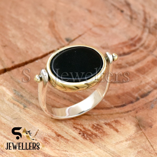 Zwarte Onyx ring, draai ring, 925 sterling zilveren ring, tweekleurige ring, handgemaakte ring, fidget ring, delicate roterende ring, bruidsmeisjes ring.