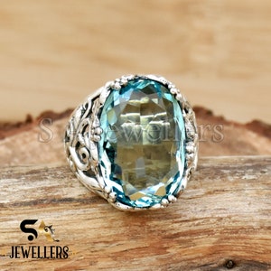 Faceted Blue Quartz Ring: 925 Sterling Silver, Designer Style