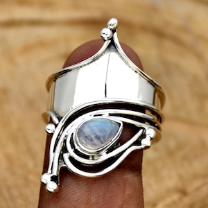 Handgemaakte peer-regenboogmaansteenring: sterlingzilveren boho-sieraden