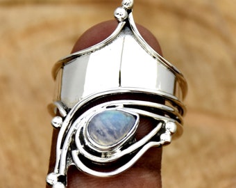 Rainbow Moonstone Ring, 925 sterling silver Ring, Handmade Ring, Designer Ring, Bohemian Ring, Anniversary Ring, Statement Ring Gift for Her