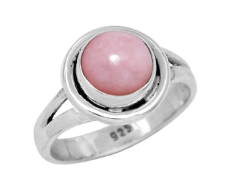 Anillo de ópalo rosa: Plata de ley 925, piedra preciosa redonda de 8 mm