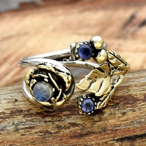 Moonstone Ring, 925 Sterling Silver Ring, Iolite and Moonstone Ring, Leaf Ring, Two Tone Ring, Adjustable Ring, Multi Stones Open Ring