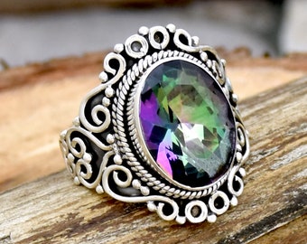 Handmade Filigree Sterling Silver Mystic Topaz Statement Ring