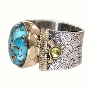 Blue Copper Turquoise Sterling Silver Ring: Two-Tone Wide Band