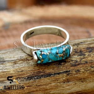 Blue Copper Turquoise ring, 925 Sterling silver Ring, Handmade Rings for Women, Statement Ring, Baguette Shape Ring, Anniversary Ring