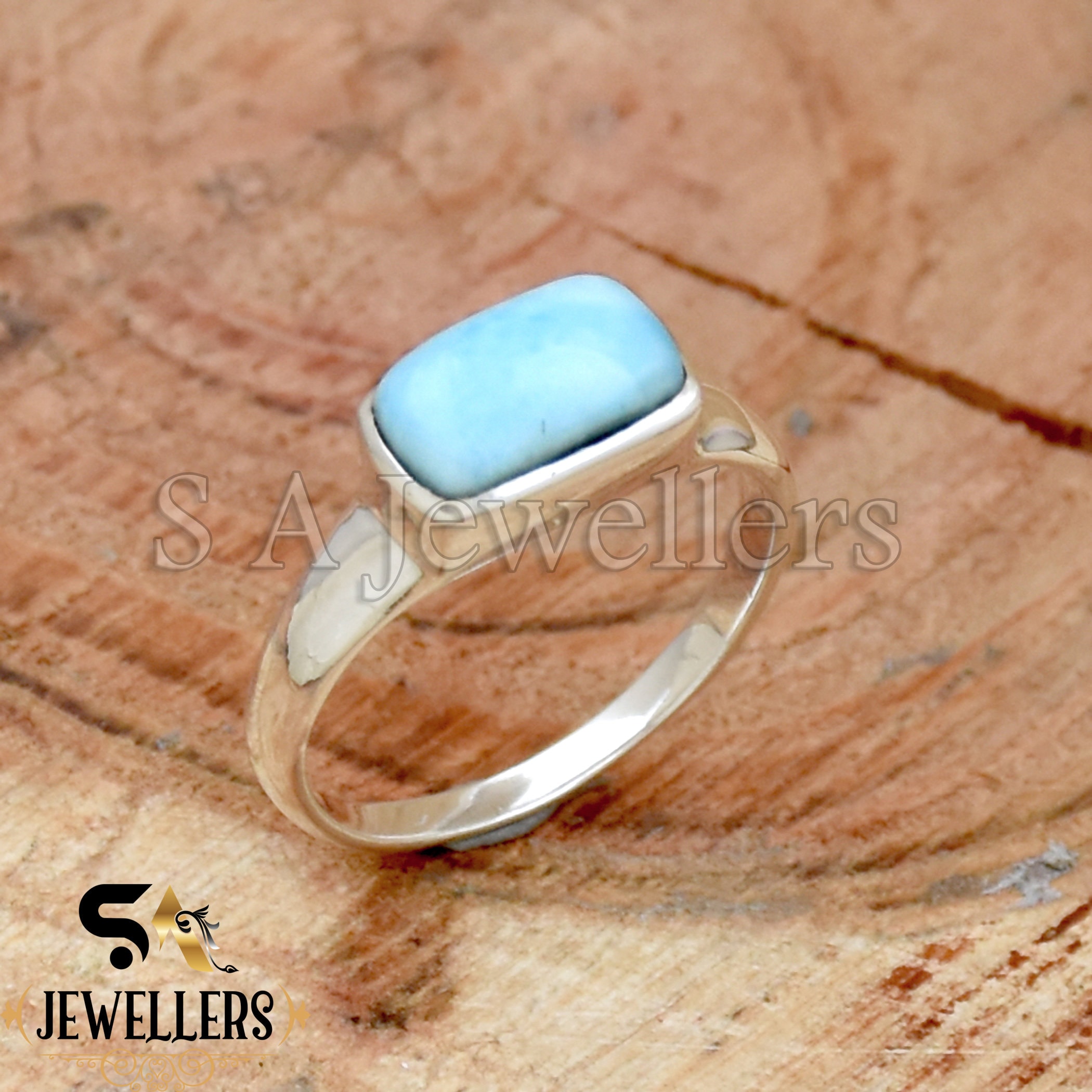 天然ラリマーリング：925スターリングシルバーバーシグネット