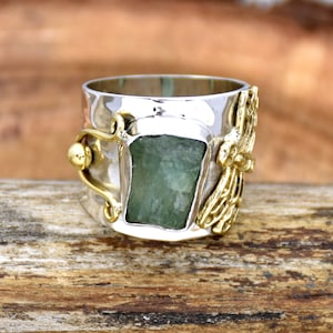 Raw Fluorite Sterling Silver Ring: Two Tone Wide Band Statement Ring