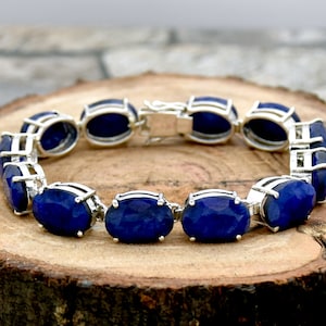 Oval Indian Blue Sapphire Bracelet: Sterling Silver Boho Jewelry