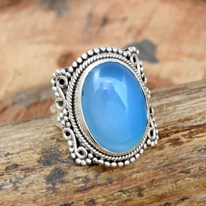 Oval Blue Chalcedony Ring: Handmade 925 Sterling Silver Statement Ring