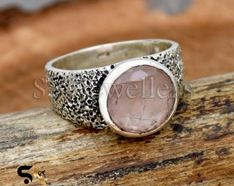 Handmade Faceted Rose Quartz Ring: Oxidized 925 Sterling Silver