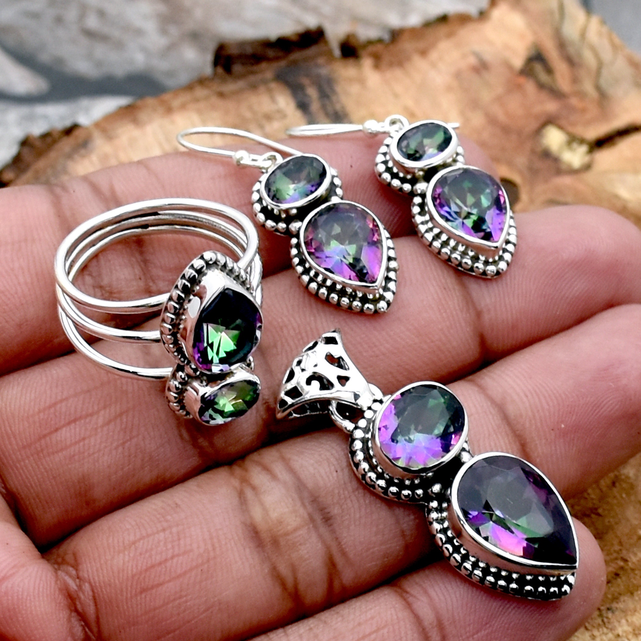Mystic Topaz Jewelry Set 925 Sterling Silver Wedding Jewelry Set Handmade Mystic Topaz Ring Mystic Pendant Mystic Earrings Gift Women