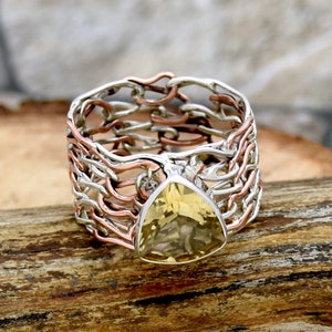 Handmade Trillion Lemon Topaz Ring: Two-Tone Sterling Silver Wire Wrap