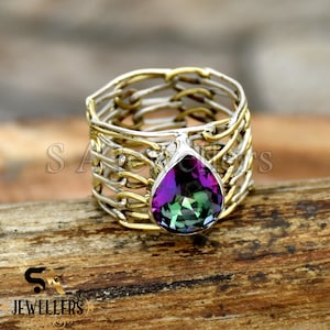 Mystic Topaz Ring 925 Sterling Silver Ring Handmade Ring Pear Gemstone Ring Statement Ring Wire Wrap Ring Twisted Band Ring Two Tone Ring