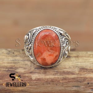 Boho oranje spons koraal sterlingzilveren ring - handgemaakte statement-sieraden
