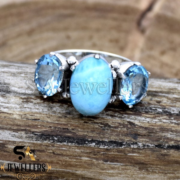 Dominican Larimar Ring, 925 Sterling Silver Ring Handmade Ring, Larimar and Blue Topaz Ring Ring, Boho Ring, Multi Stones Ring, Gift For Her