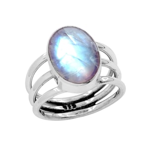 Natural Oval Moonstone Ring: 925 Sterling Silver Triple Band