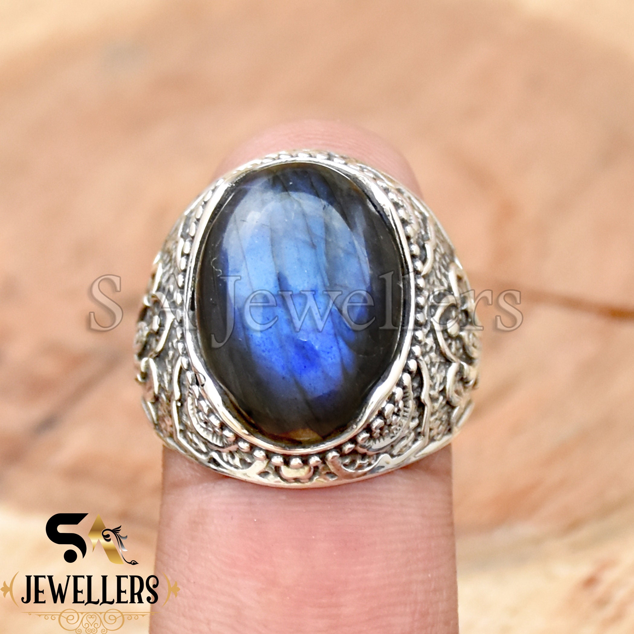 Bague en argent pour homme, bague en labradorite bleue, bague en argent sterling 925, bague gravée à la main, bague de mariage, bague en labradorite naturelle, cadeau pour lui