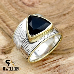 Black Onyx Trillion Ring: Two-Tone Sterling Silver Wide Band