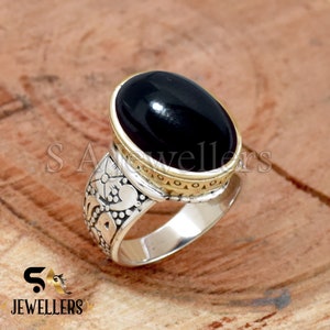 Black Onyx Sterling Silver Ring: Two-Tone Textured Handmade Jewelry