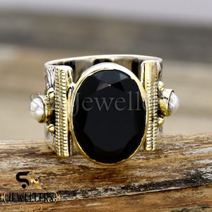 Black Onyx Pearl Ring: Two-Tone Sterling Silver Flower Ring
