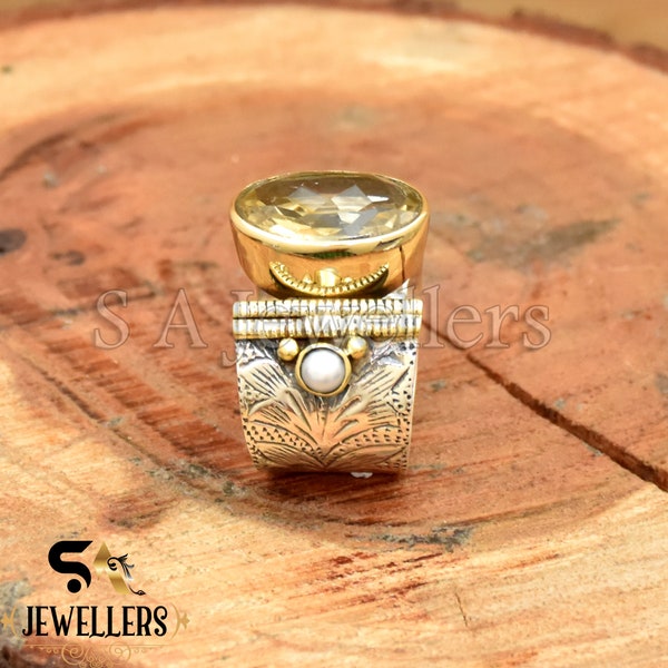 Bague citrine naturelle et perle d'eau douce, anneau large, argent sterling 925, bague texturée fleur, bague bicolore, cadeau alliance pour elle