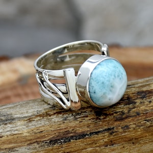 Handmade Round Larimar Ring: Sterling Silver Boho Statement Ring