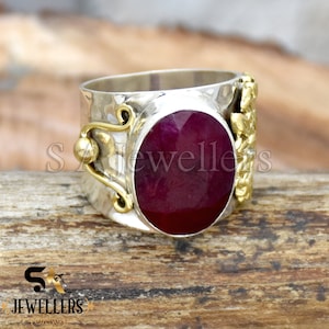 Faceted Oval Ruby Ring: Two Tone 925 Sterling Silver Wide Band