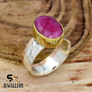 Faceted Oval Ruby Ring: Hammered Sterling Silver Three-Tone Band