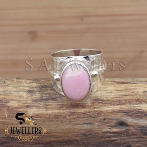Natural Pink Opal Ring Pink Opal statement ring Solid 925 sterling silver Wide band ring Genuine Opal gemstone ring Hammered Ring