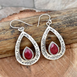 Handmade Filigree Sterling Silver Indian Ruby Earrings: Bohemian Dainty Jewelry