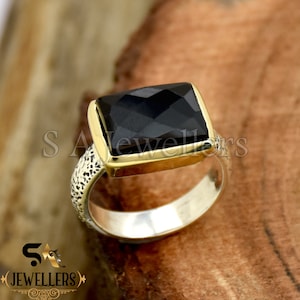 Natural Black Onyx Ring, 925 Sterling Silver Ring, Baguette Gemstone Ring, Two Tone Ring, Hammered Ring, Wedding Ring, Dainty Ring For Her.