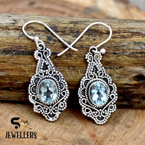 Natural Blue Topaz Earring, 925 Sterling Silver Earring, Sky Blue Topaz Earring, Designer Earrings Handmade Filigree Jewelry, Gift For Her