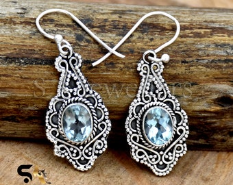 Filigree Sterling Silver Blue Topaz Earrings: Handmade Designer Jewelry