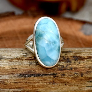 Handmade Oval Larimar Ring: 925 Sterling Silver Anniversary Jewelry